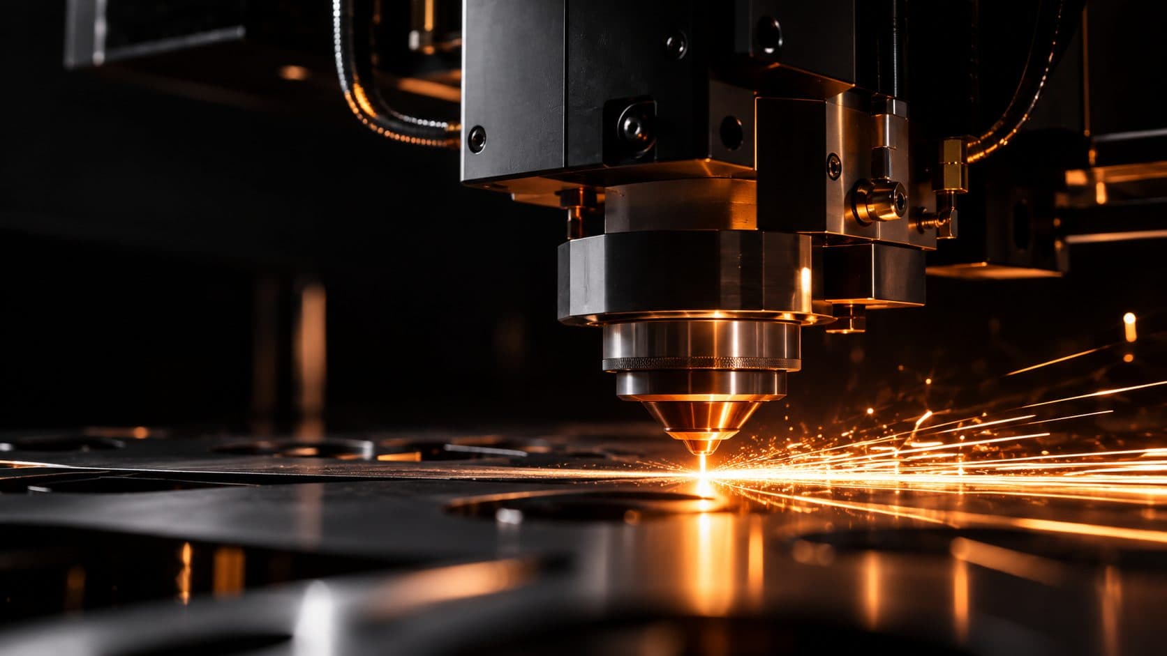 Laser cutting head cutting thin sheet metal, sparks flying