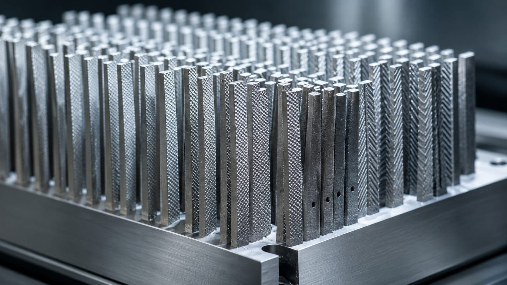 Array of textured metal pin fins